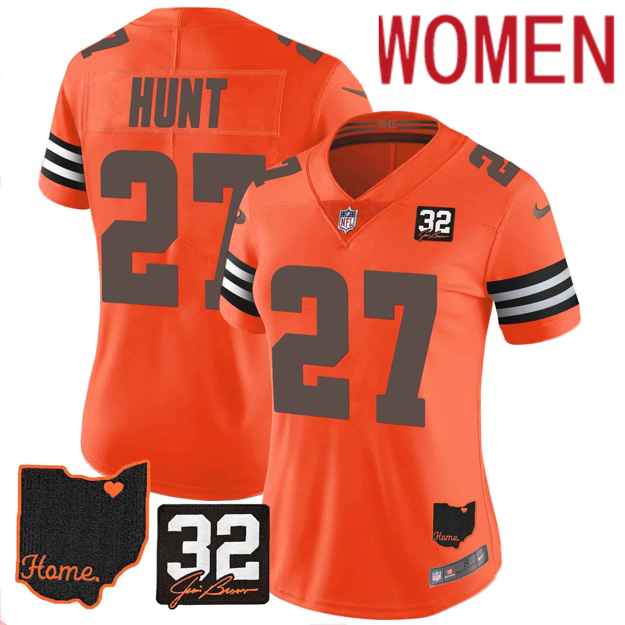 Women Cleveland Browns #27 Hunt Orange Memorial Home Patch 2024 Nike NFL Jersey